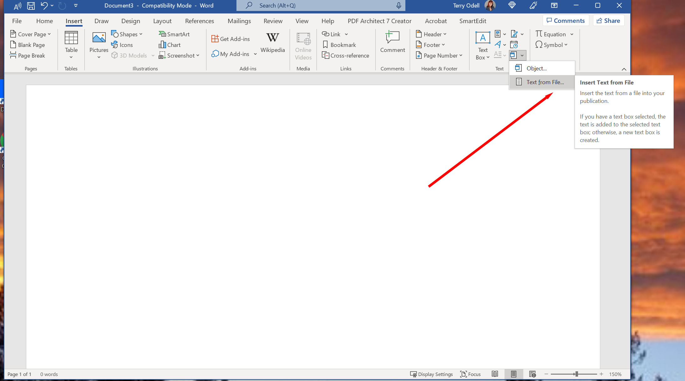 screenshot of Word showing an arrow to insert a file into a document