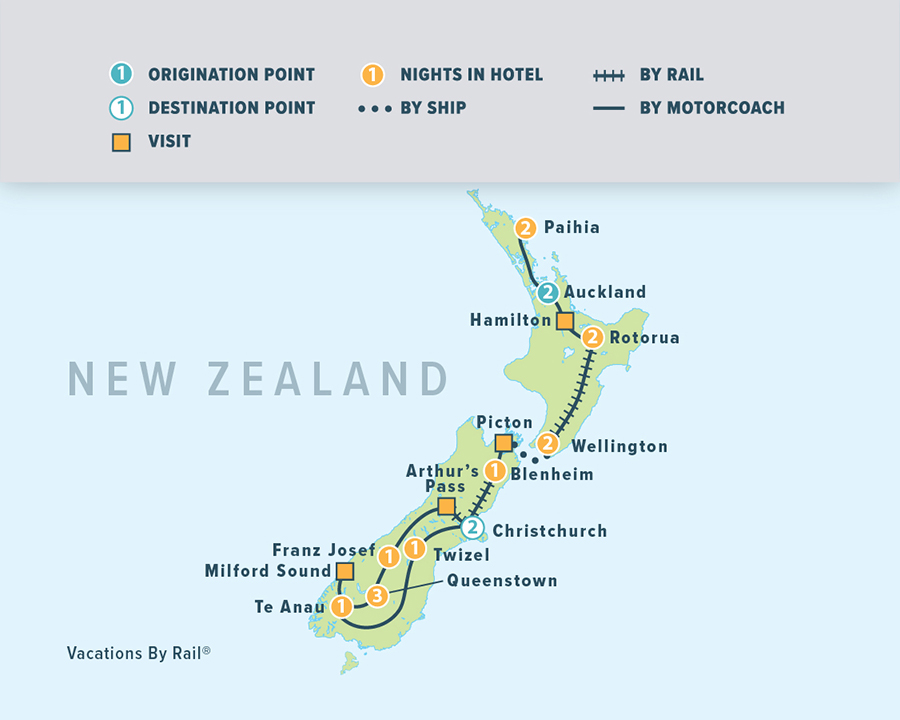 map of New Zealand with a tour route marked