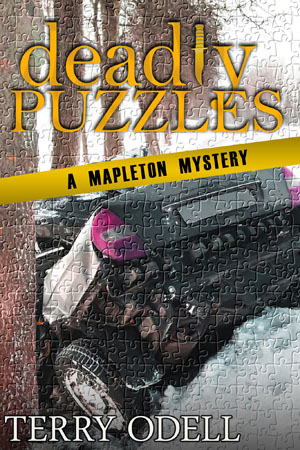 A car tipped down a snowbank with an overlay of puzzle pieces