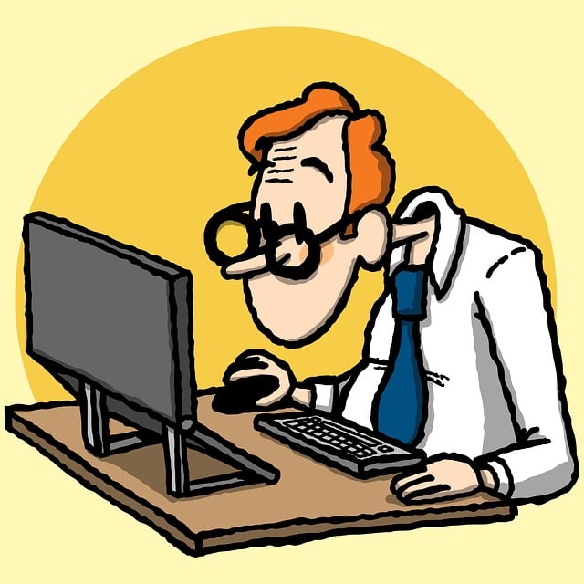 cartoon man wearing glasses looking at a computer screen