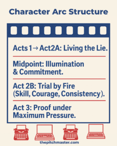 Character Arc Structure: 1. Act 1 through Act 2a: Living the Lie. Mid-Point Illumination and Commitment. 2. Act 2b: Trial by Fire. Skill, Courage, Consistency. 3. Act 3: Proof Under Maximum Pressure. thepitchmaster.com